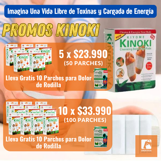 PROMO 5 PACKS PARCHES KINOKI (50 UNIDADES) + 10 parches para Rodilla Gratis